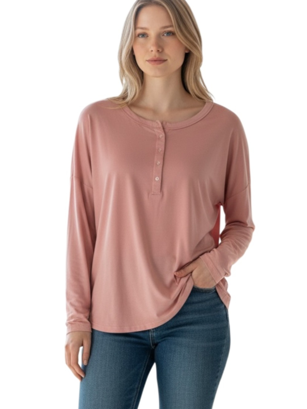 Avalanche Long Sleeve Henley Top - Dusty Rose